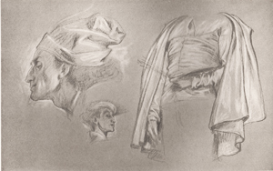 Study in black and white chalks on grey paper of a head of Dante, and of the costume of an artist